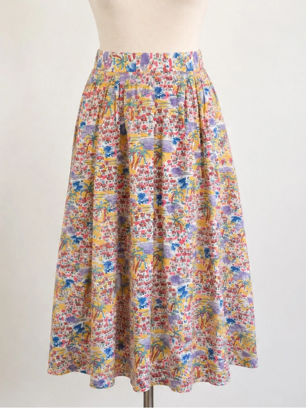 Doncaster Vintage Cotton Novelty Village Print Midi Skirt Size 10 Button Front P